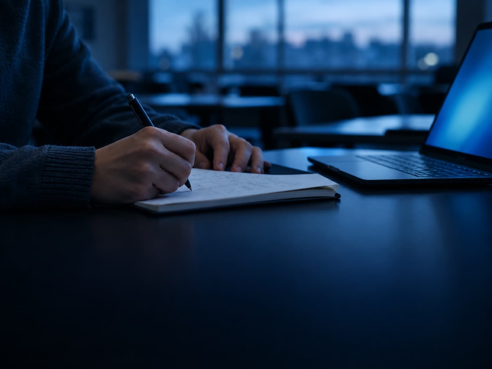 A student writing notes in a notebook beside an open laptop.