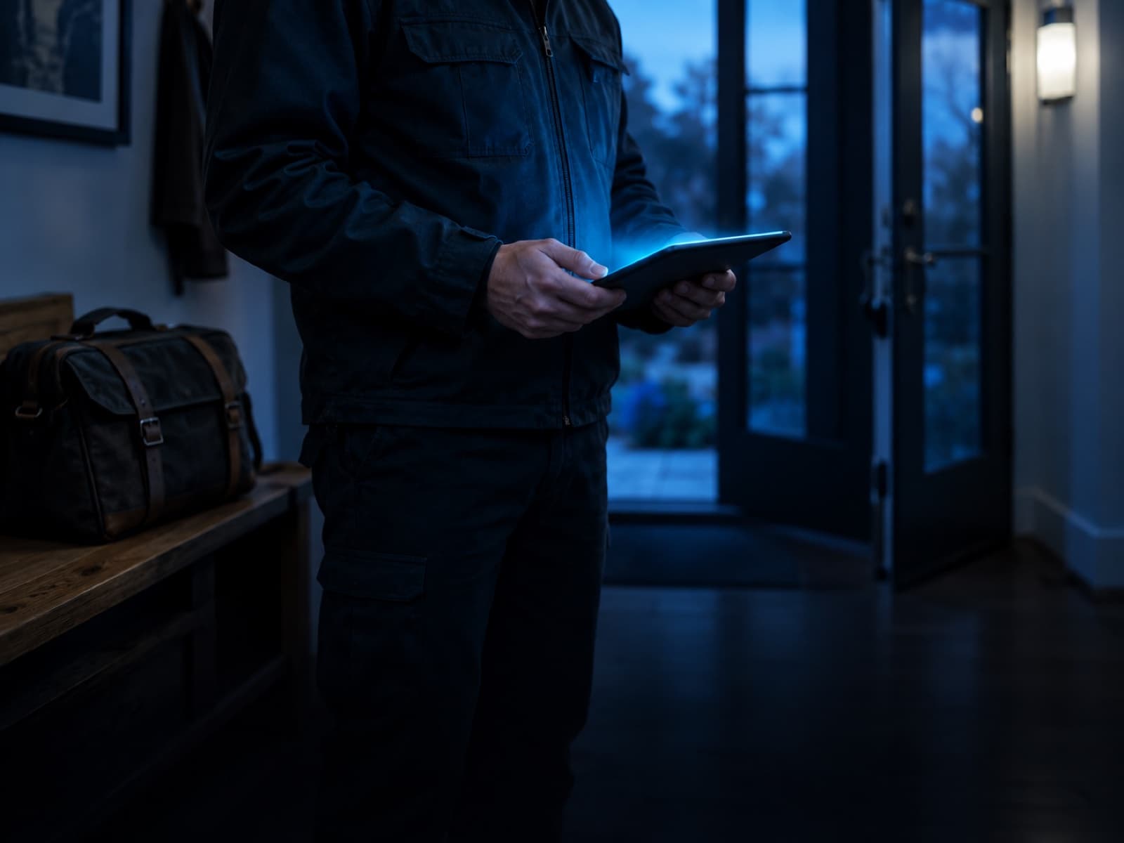 A service technician checking a tablet in a client's entry hall, a tool bag on the bench beside him.