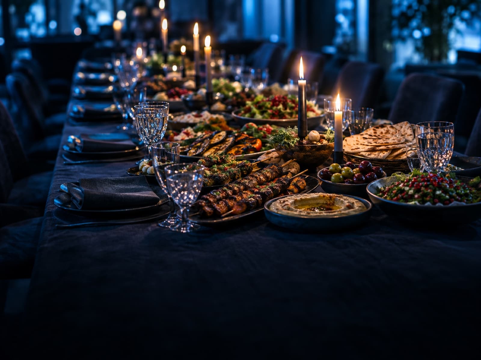 A long banquet table set with candles, glassware, and shared platters of food.
